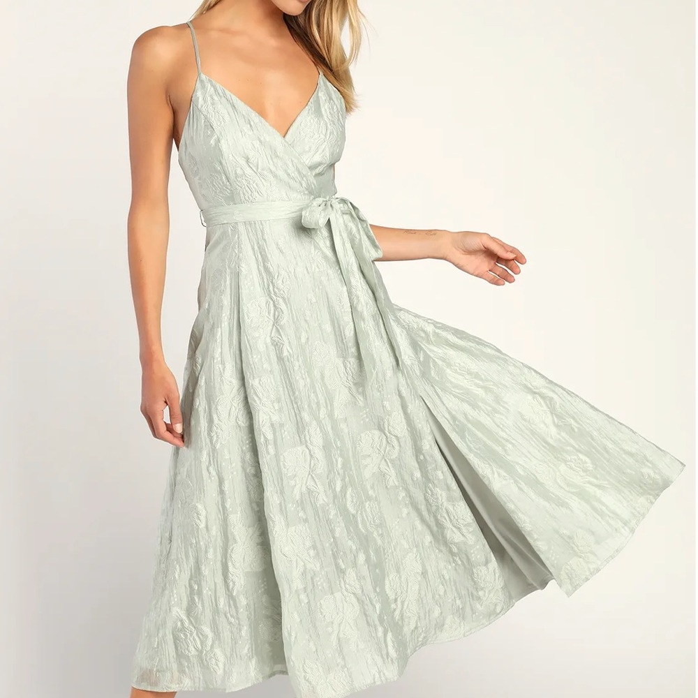 Lulus Sage Jacquard Midi Dress Holiday dress, bridesmaids dress, wedding guest